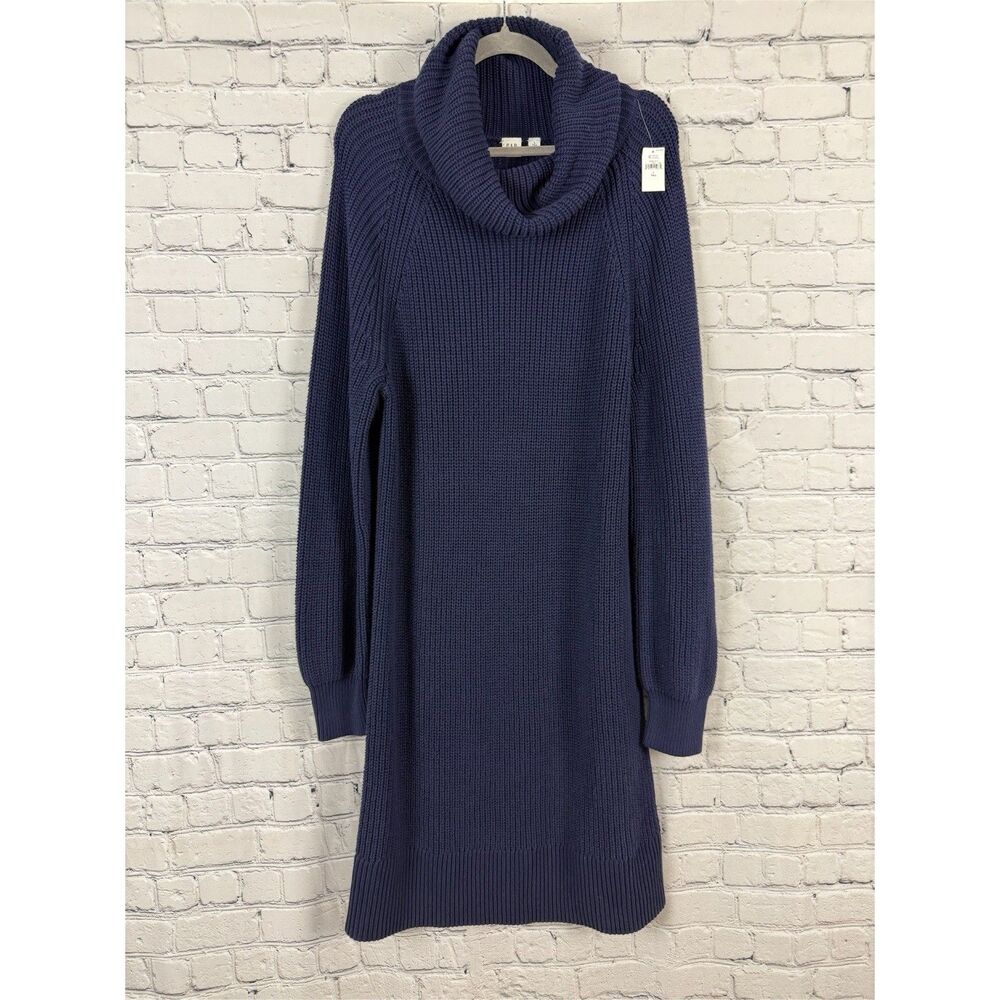 GAP Navy Blue Cotton Cowlneck Sweater Dress Chunky Knit Women L Large Tall NWT